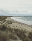 Beach scene with sand, grass, and water under a cloudy sky