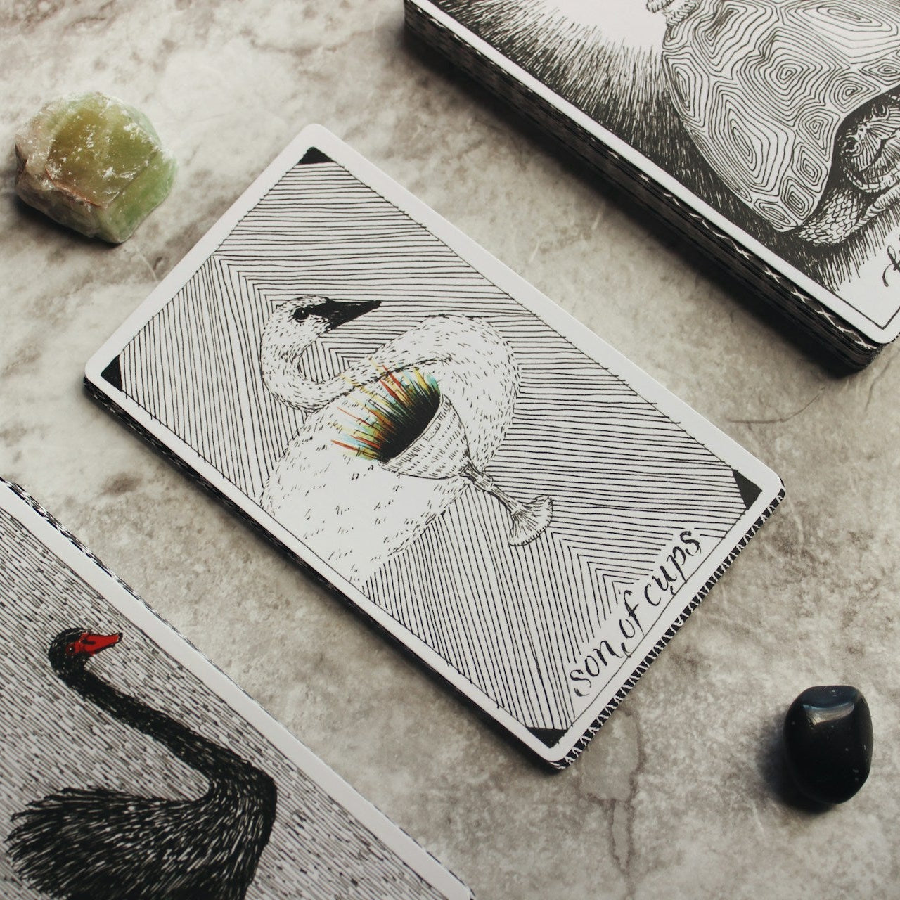Set of tarot cards on a textured surface with crystals and a black swan card.